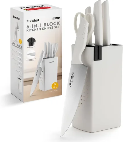 Juego de Cuchillos, FIKSHOT Juego de Cuchillos de Cocina de 6 Piezas con Bloque y Afilador Integrado, Cuchillas de Acero Inoxidable de Alto Carbono