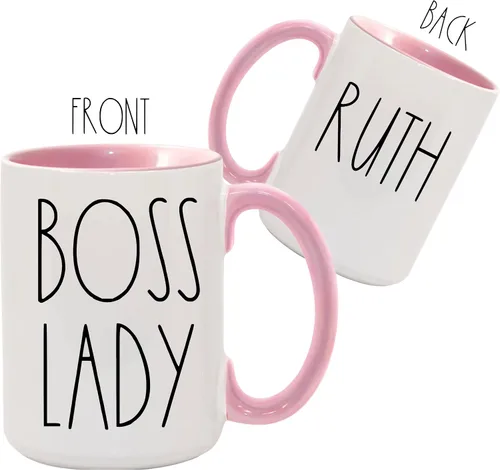 Miniatura 3 de BOSS LADY Farmhouse - Taza de cerámica de 15 onzas con inspiración estilo flaco Font PINK! Tu texto personalizado en la parte posterior