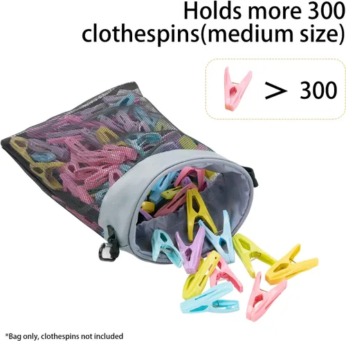 Miniatura 3 de Bolsa de malla con ganchos para colgar ropa con cierre de cordón, soporte para pinzas para ropa, ventilación y resistencia a la humedad, organizador