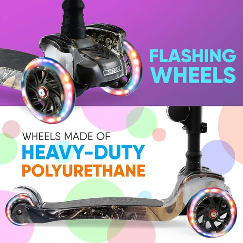 Miniatura 4 de Hurtle Patinete de 3 ruedas para niños, luces LED de ruedas, manubrio ajustable de inclinación para dirigir y asiento plegable, paseo sentado