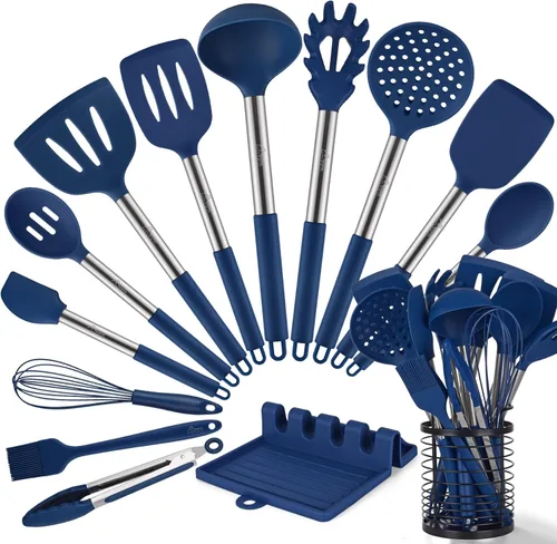 HOTEC Utensilios de cocina de silicona resistentes al calor de 446°F, juego de utensilios de cocina sin BPA, juego de espátulas, gadgets de cocina,
