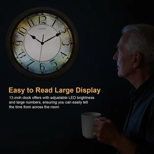Miniatura 7 de OCEST Reloj de pared iluminado de 13 pulgadas, reloj de pared iluminado silencioso que brilla en la oscuridad, funciona con pilas para dormitorio