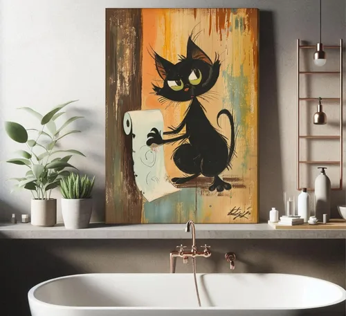 Miniatura 6 de Divertido Arte de Pared de Baño de Gato Negro en Lienzo Arte de Pared de Gato Abstracto con Imagen de Papel Higiénico Decoración de Pared Póster