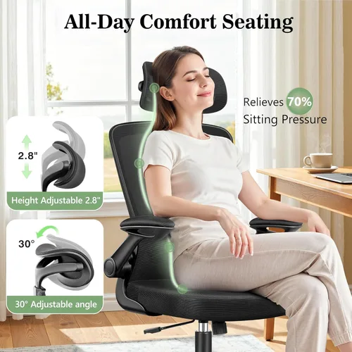 Miniatura 7 de BESTFAIR Silla de oficina ergonómica, sillas de oficina de malla transpirable con soporte lumbar ajustable, brazos abatibles, silla de escritorio