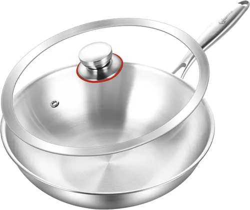 Miniatura 9 de LOLYKITCH Wok pequeño de acero inoxidable de 11 pulgadas con tapa, sartén de tres capas, wok de cocina sin recubrimiento para inducción y vidrio