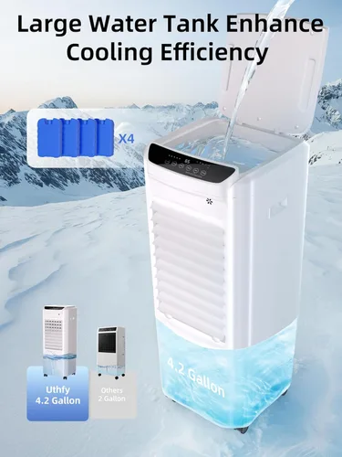 Miniatura 4 de Uthfy Enfriador de aire evaporativo de 32 pulgadas con 4 paquetes de hielo, 4 modos y 3 velocidades, enfriador de pantano con tanque de agua de 4.2