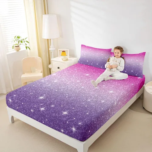 Miniatura 6 de Erosebridal Juego de ropa de cama de lentejuelas con purpurina y estrellas, sábanas de bolsillo profundo arcoíris y galaxia espacial, sábana bajera