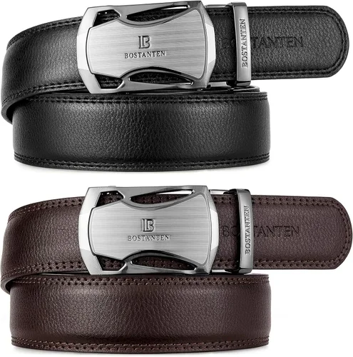 Miniatura 5 de BOSTANTEN Cinturones de vestir de trinquete para hombre, 2 paquetes, cinturones de cuero genuino para hombres con litera deslizante de clic, recorte