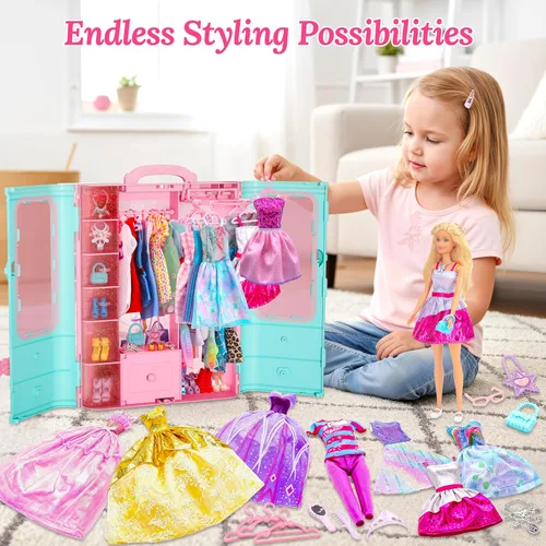 Miniatura 4 de Style Shine Armario de muñecas de 70 piezas con ropa y accesorios, 2 vestidos de novia, 6 vestidos de moda, 2 atuendos casuales, 2 trajes de baño
