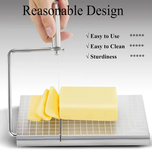 Miniatura 5 de Cortador de queso de acero inoxidable con 10 cables de repuesto, cortador de queso metálico y tabla de corte - Para queso de bloque