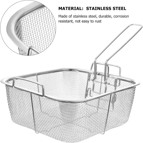 Miniatura 2 de Hemoton Cesta cuadrada de acero inoxidable para freír de 12.9 x 7.9 pulgadas con mango plegable, colador de freidora profunda para papas fritas