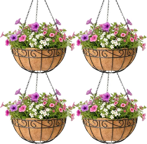 Miniatura 10 de Paquete de 4 macetas colgantes para plantas al aire libre de 12 pulgadas, cesta de flores colgante de metal con forro de fibra de coco, soporte