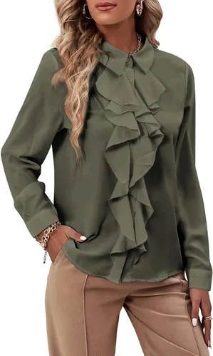 Miniatura 14 de LYANER - Blusa de manga larga con cuello de botón y volantes en la parte delantera para mujer