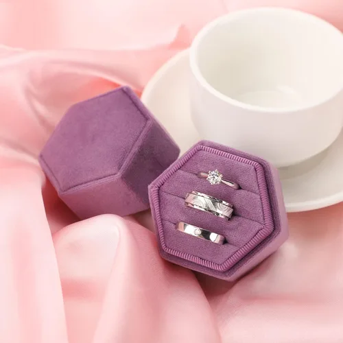 Miniatura 25 de WantGor Caja de joyería de terciopelo para anillos, caja de regalo con 3 ranuras, caja de regalo para anillos hexagonales vintage, para ceremonia