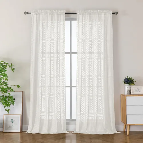 Miniatura 60 de Simplebrand Cortinas traslúcidas negras de cocina de 24 pulgadas de largo, 2 paneles, filtrado de luz, geométrico jacquard con textura, cortinas