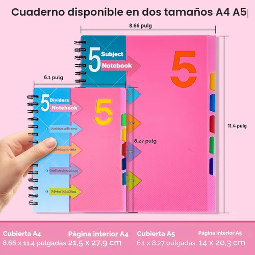 Miniatura 5 de CAGIE- Cuaderno pequeño universitario con tapa en espiral, A5 de 5 x 7 pulgadas, con pestañas separadoras extraíbles para 5 materias, 220 páginas