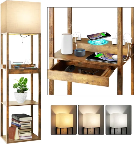 Miniatura 17 de Lámpara de pie RUNTOP Plus con estantes, lámpara de estante con bombilla LED de 15W, 3 colores, función de memoria, estante de exhibición ancho