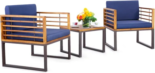 Miniatura 10 de Tangkula Juego de sillas de patio de 3 piezas, juego de sofá de madera de acacia para exteriores con soporte de metal, asiento suave y cojines
