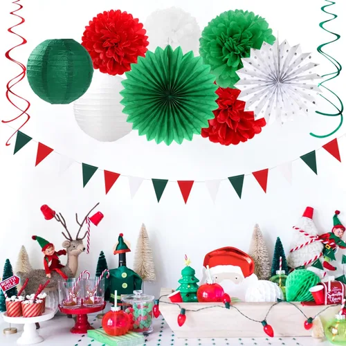 Miniatura 5 de Decoraciones de Fiesta de Navidad Rojo Verde-Blanco - 20 piezas Farolillos de Papel Mexicanos Italianos Abanicos, Pompones de Papel de Seda, Bolas