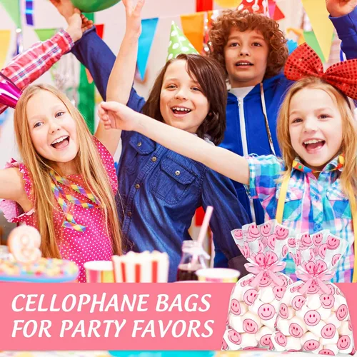 Miniatura 5 de Whaline 100 bolsas de celofán con patrón de sonrisa rosa con cintas, bolsas de golosinas para celofán con sonrisas, bolsas de golosinas