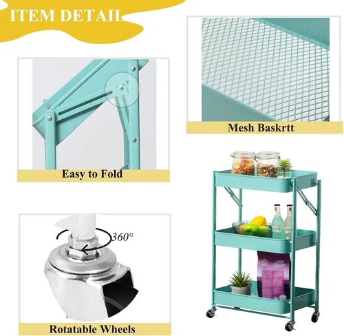 Miniatura 4 de Carrito de almacenamiento de frutas y verduras, carrito plegable de metal para cocina, estante organizador de almacenamiento de 3 niveles