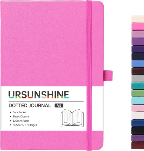 Miniatura 51 de Cuaderno punteado, diario, 5.3 x 8.26 pulgadas, tapa dura, prémium, papel grueso, doble espiral, bandas, cuero negro sintético, lazo para bolígrafo