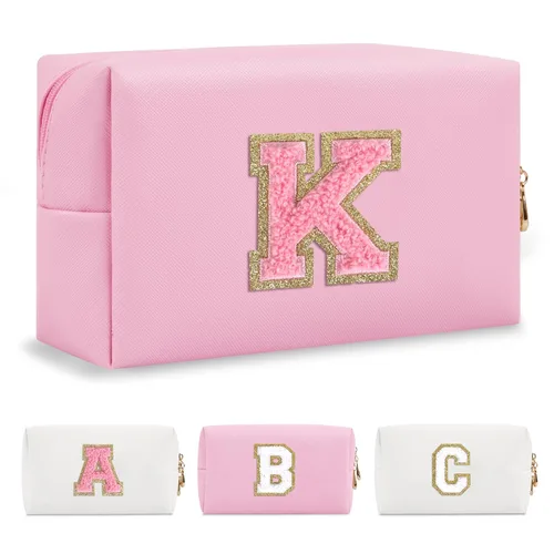 Miniatura 187 de Pequeña bolsa de maquillaje personalizada con inicial A-Z Preppy Patch, bolsa de cosméticos de viaje de felpilla blanca con cremallera, bonita bolsa