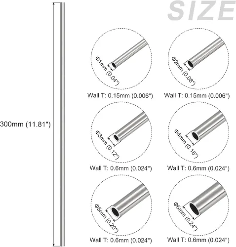 Miniatura 2 de METALLIXITY Tubo de acero inoxidable 304 (0.039 in-0.236 in de diámetro x 0.006 in/0.024 in de pared T x 11.811 in de largo), 6 piezas en 1 juego