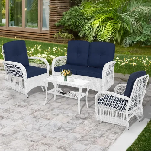 Miniatura 12 de MEETWARM Juego de 3 piezas de mimbre giratorio para patio al aire libre, mecedoras, juegos de muebles de patio de ratán con cojín grueso y mesa