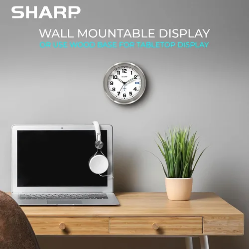 Miniatura 8 de Sharp Silent Sweep - Reloj despertador analógico sin tictac, escritorio de metal cepillado o reloj de pared con soporte de madera auténtica