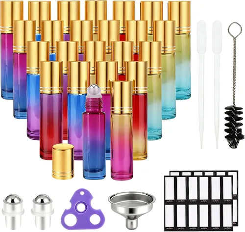 Miniatura 12 de PrettyCare Paquete de 12 aplicadores de bola rodante, botellas de rodillo de vidrio ámbar para aceite esencial con bola de rodillo de acero