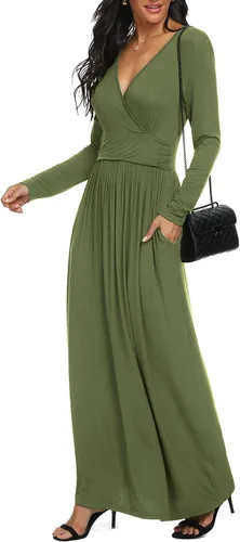 Miniatura 2 de LILBETTER - Vestido largo de manga larga, cuello en V profundo, holgado, liso y casual para mujer