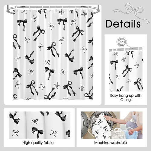 Miniatura 5 de Cortina de ducha con lazo negro, bonito lazo coqueto, cortinas de ducha en blanco y negro para niñas, cortina de baño de tela de poliéster
