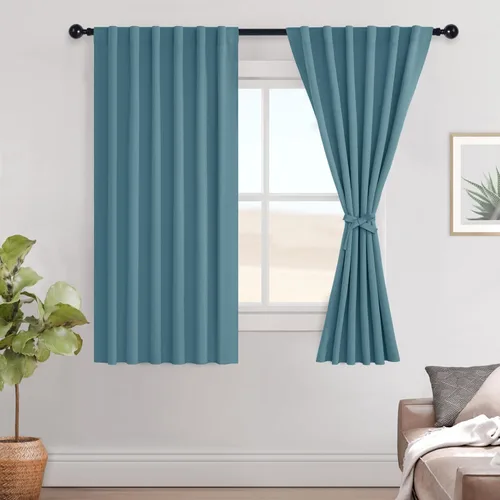 Miniatura 21 de Hiasan Cortinas opacas negras para dormitorio, cortinas opacas cortas de 45 pulgadas de largo, con aislamiento térmico, bolsillo para barra