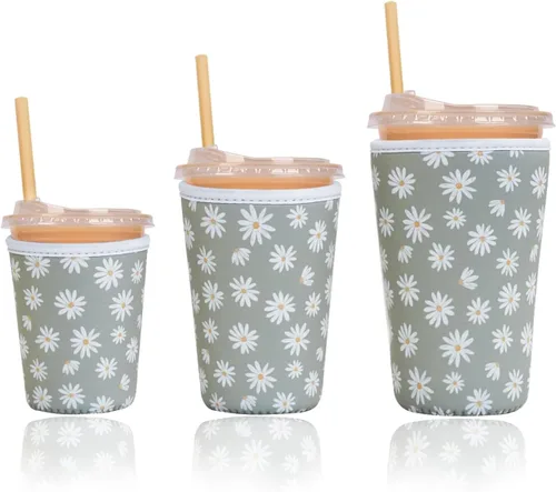 Miniatura 26 de Funda aislante reutilizable para taza de café helado, paquete de 3 fundas de neopreno para bebidas frías y calientes, soporte para bebidas para café