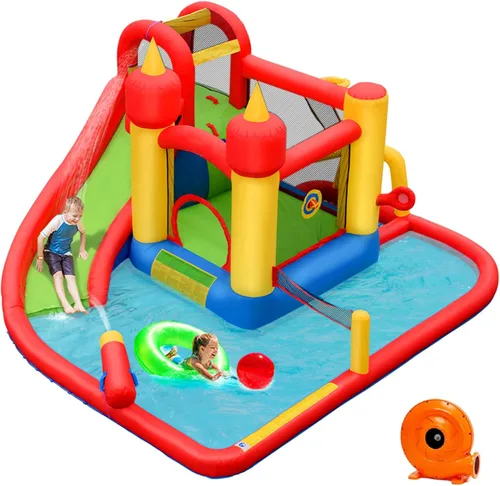 Miniatura 11 de HONEY JOY Tobogán acuático inflable, parque acuático inflable gigante 7 en 1 para niños pequeños con piscina de salpicaduras, casa de rebote de agua