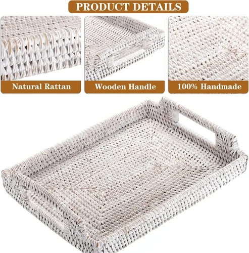 Miniatura 4 de Hipiwe Bandeja de ratán para servir con asas de madera, bandeja decorativa tejida a mano para mesa de café, cesta rectangular, bandejas otomanas