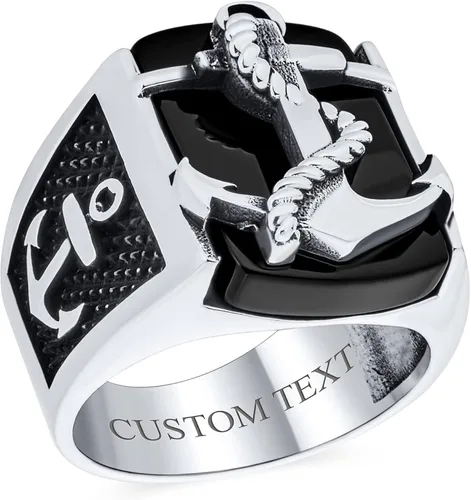 Personalize Mens Nautical Black Onyx Gemstone Or Etched Brown Wood Inset Large Boat Anchor Signet Ring For Men Solid 925 Sterling Silver Made In
