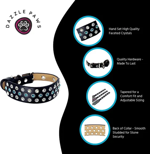 Miniatura 4 de Collar de perro con diamantes de imitación con brillantes piedras aguamarina tachonadas en cuero ancho de microfibra negra, detalles de diseñador