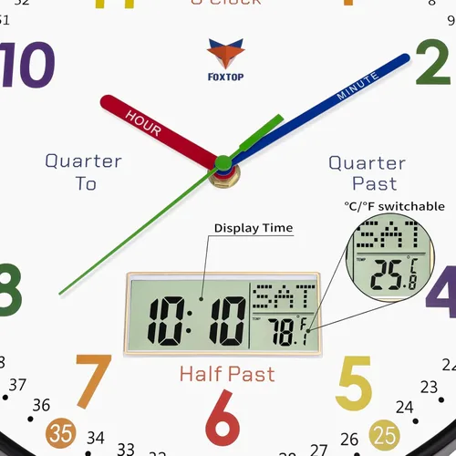 Miniatura 5 de Foxtop Reloj de Aprendizaje Digital y Analógico para Niños - Reloj de Enseñanza para Decir la Hora de 12 Pulgadas Silencioso Sin Tictac Operado