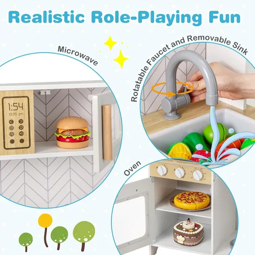 Miniatura 3 de Costzon Juego de cocina para niños, cocina de madera con luces y sonidos, estufas, fregadero, grifo, microondas, horno y accesorios de cocina, juego