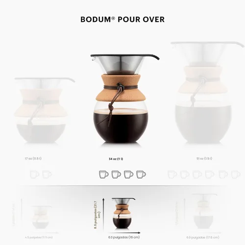 Miniatura 7 de Bodum Cafetera de Vertido de 34 onzas, Vidrio de Borosilicato Resistente al Calor con Filtro de Acero Inoxidable Reutilizable y Agarre de Corcho