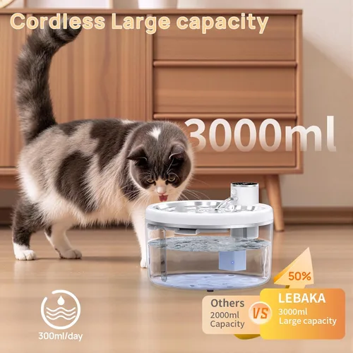 Miniatura 4 de Fuente de agua inalámbrica para gatos con bandeja de acero inoxidable, fuente de agua para mascotas de 102 oz/3 L para gatos en el interior, fuente