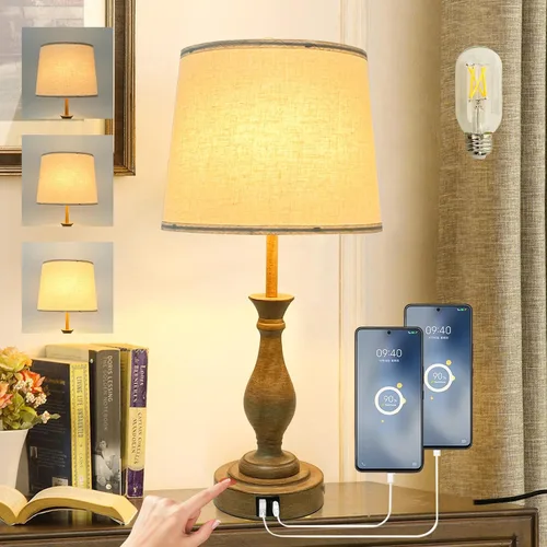 Miniatura 8 de LALISU Lámpara de mesa de granja con control táctil, lámpara de mesa regulable de 3 vías, lámpara moderna de mesita de noche con 2 puertos USB
