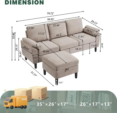 Miniatura 2 de Sofá modular convertible de 80 pulgadas, sofá pequeño en forma de L de 3 asientos con diván de almacenamiento reversible, sofá moderno de tela