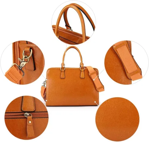 Miniatura 21 de Kattee Maletín de cuero genuino para mujer, bolsa de computadora portátil de gran capacidad con etiqueta de equipaje