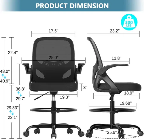Miniatura 2 de Kensaker Silla de Dibujo Alta con Anillo Reposapiés para el Hogar y el Trabajo, Silla Ergonómica de Escritorio de Oficina para el Hogar con Brazos