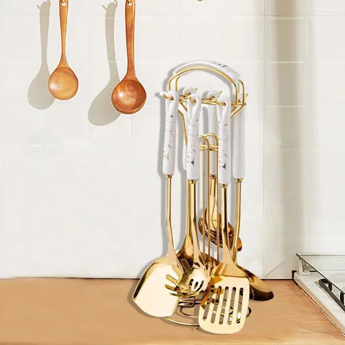 Miniatura 7 de Juego de 7 utensilios de cocina de acero inoxidable dorado con soporte apto para lavavajillas, kit de utensilios de cocina de metal para colgar