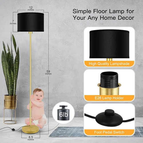 Miniatura 5 de Lámparas de pie doradas para sala de estar, lámpara de pie moderna y brillante, pantallas negras, interruptor de pie, lámparas de poste simple