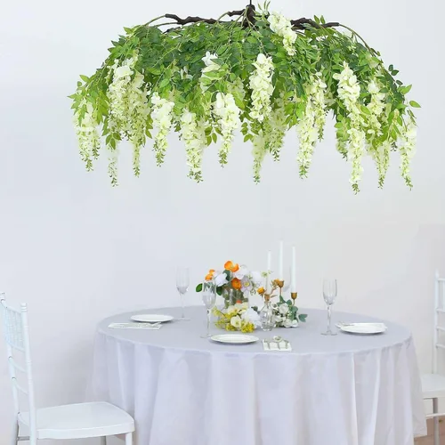 Miniatura 7 de Efavormart 140 cm Crema Artificial de Seda Glicinia Vid Colgante Dosel Redondo, Guirnalda de Flor Candelabro con Ramas Intercambiables